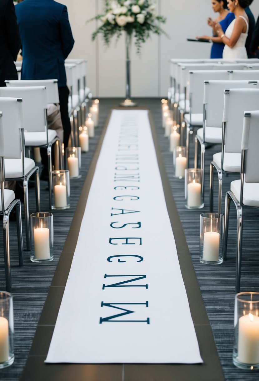 An aisle runner with personalized initials stretches down the center of a sleek, modern civil wedding ceremony space