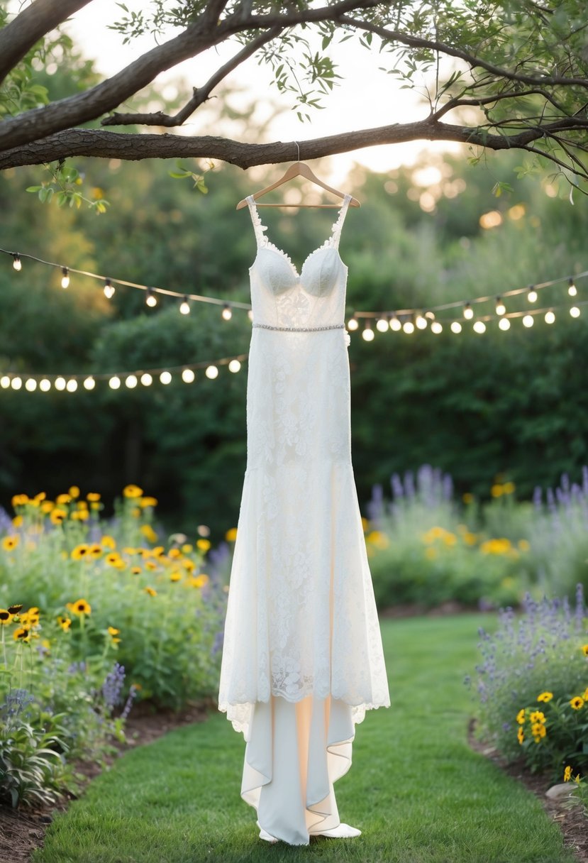 A serene backyard setting with a lace maxi wedding dress hanging from a tree branch, surrounded by wildflowers and twinkling string lights