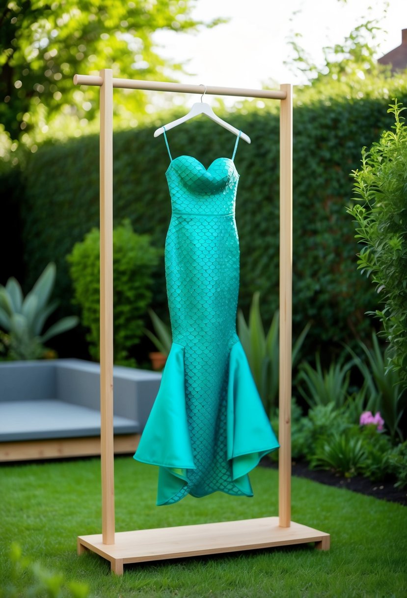 A sleek mermaid dress hangs on a modern wooden coat rack in a lush backyard garden