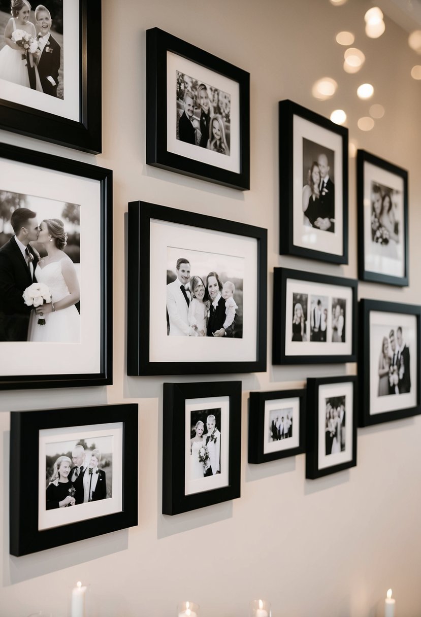 A gallery wall displays black-and-white family photos in mismatched frames, adding a personal touch to the civil wedding decor