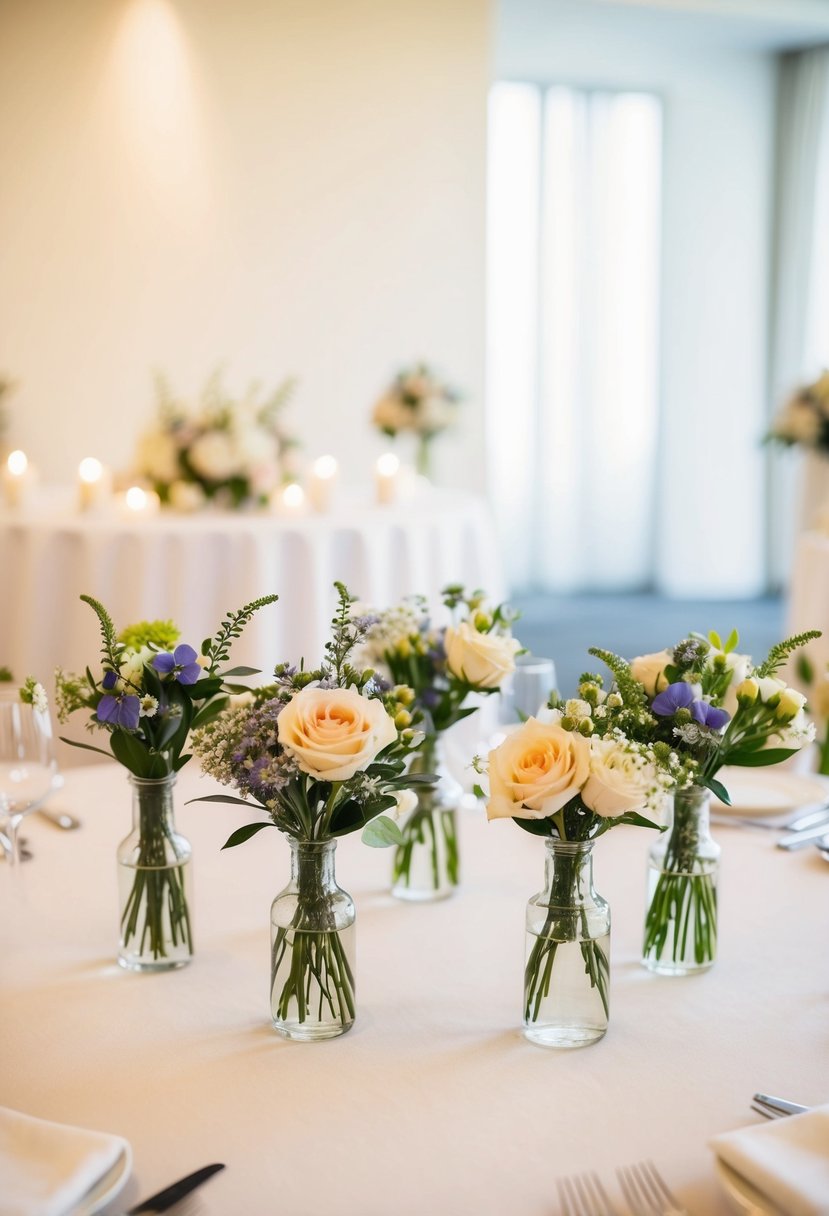 A table adorned with small, handcrafted bouquets in glass vases, set against a backdrop of a simple and elegant civil wedding ceremony