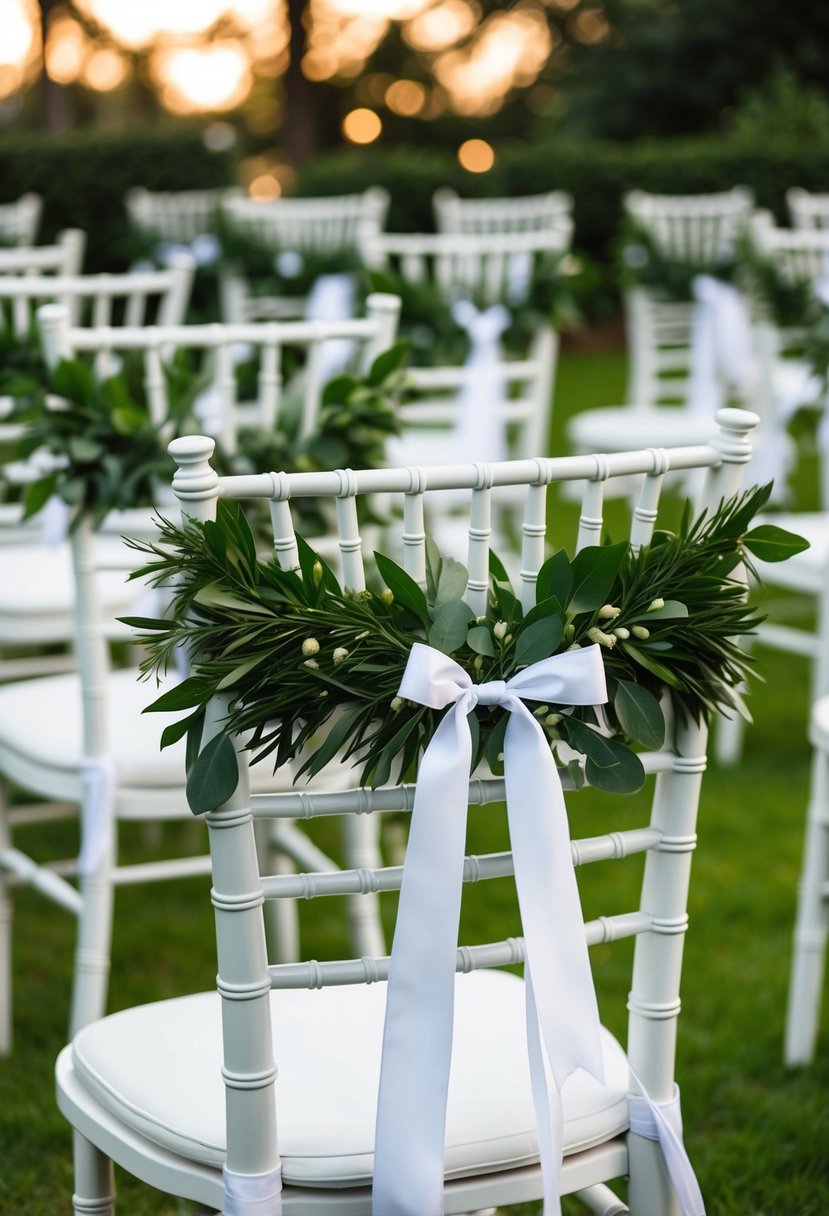 Chairs adorned with green foliage and ribbon for a civil wedding ceremony