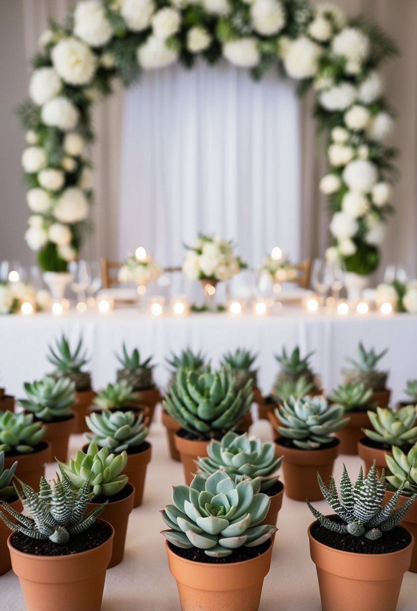 Succulents arranged in small pots as wedding favors, set against a backdrop of elegant civil wedding decorations