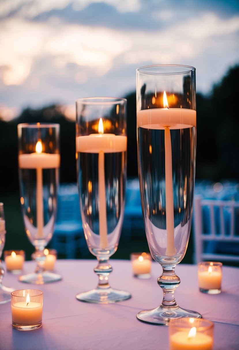 Glass vases with floating candles illuminate a serene wedding setting