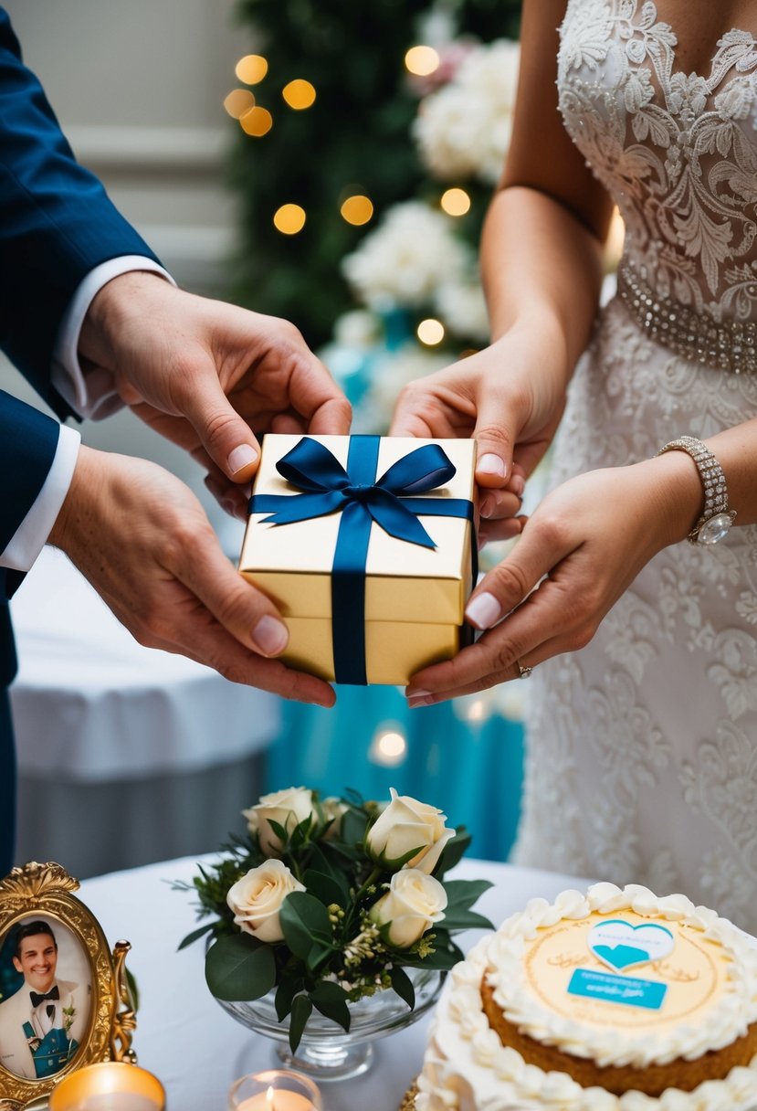 A couple's hands exchanging a gift box with a ribbon, surrounded by wedding memorabilia and a celebratory cake