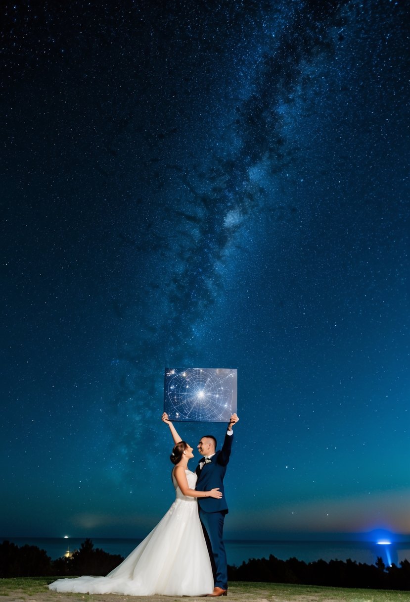 A couple standing under a starry sky on their wedding night, with a customized star map in hand, commemorating their 39th anniversary