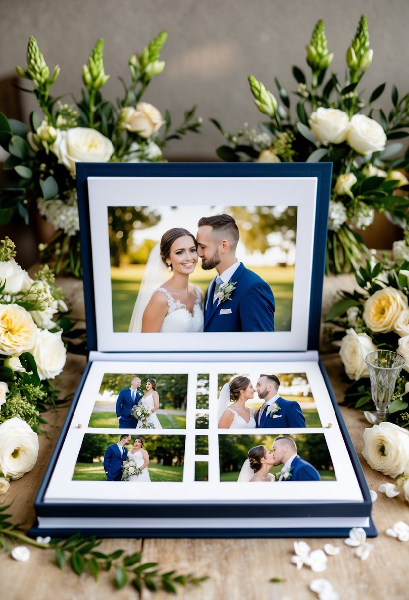 A couple's wedding photos displayed in a custom photo book, surrounded by flowers and anniversary decorations