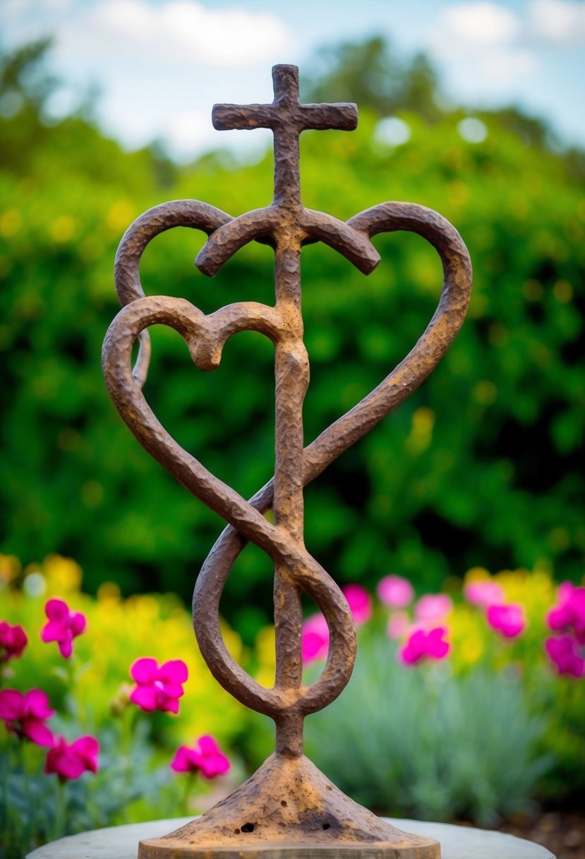 A rustic iron sculpture of two hearts intertwined with a cross, set against a backdrop of blooming flowers and lush greenery