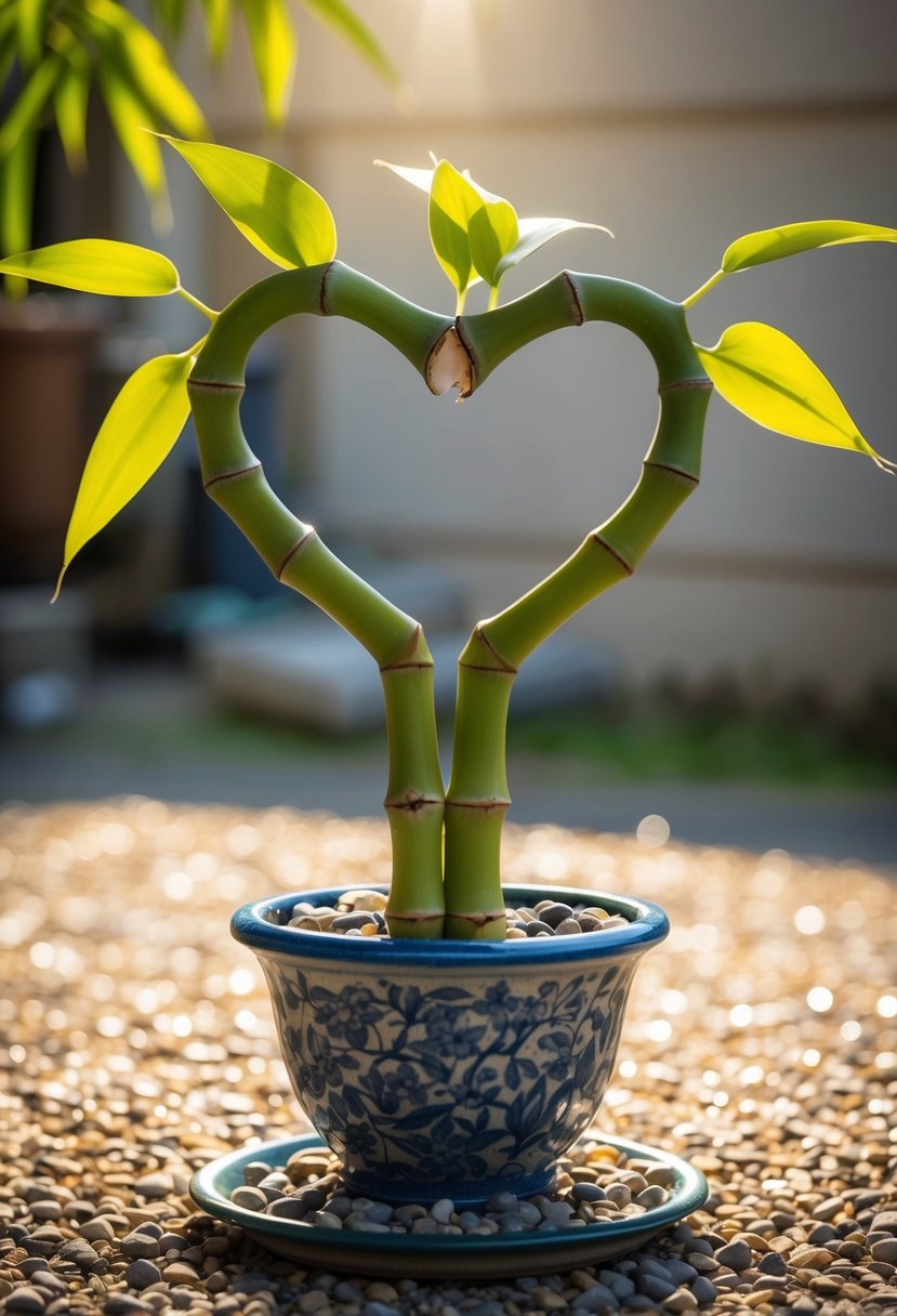 A heart-shaped bamboo plant sits in a decorative pot, surrounded by small pebbles and bathed in soft sunlight