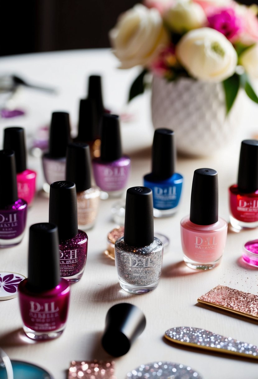 A table scattered with nail polish bottles, glitter, and floral designs for wedding guest nail ideas