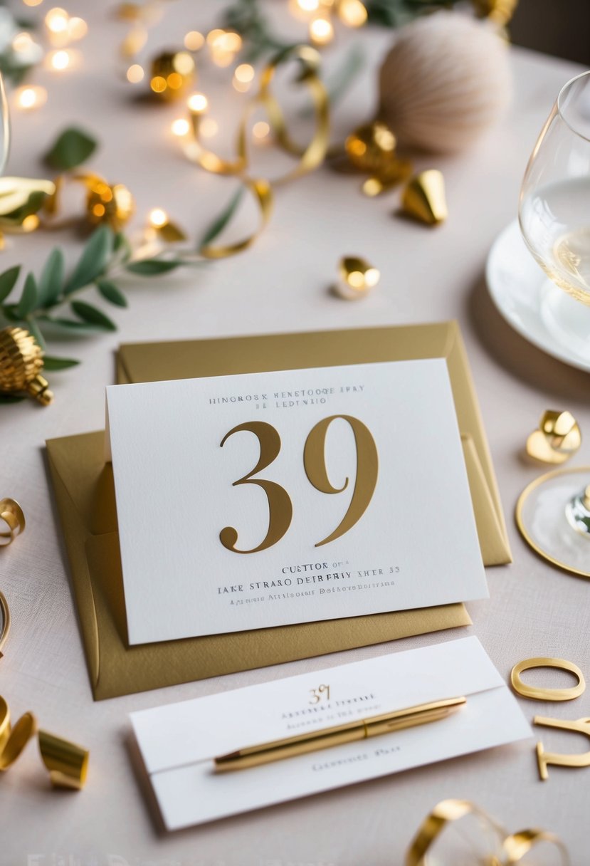 A custom stationery set with elegant designs and the number 39, surrounded by celebratory decorations