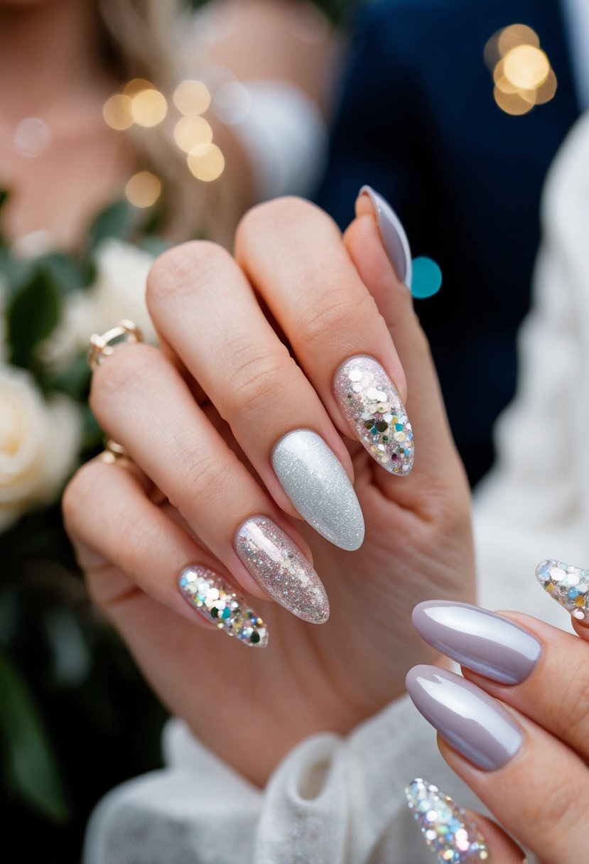 A close-up of sparkling nails in various modern designs, featuring glitter accents for a wedding guest