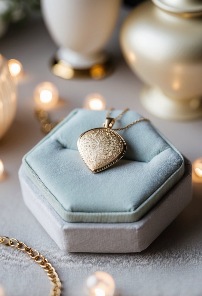 A delicate engraved jewelry piece displayed on a velvet cushion, surrounded by soft lighting and elegant decor