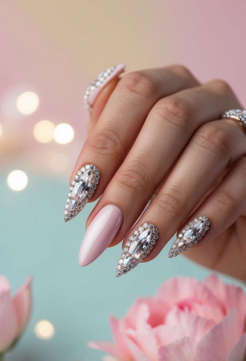 A close-up of elegant nails with diamond accents, against a soft pastel background