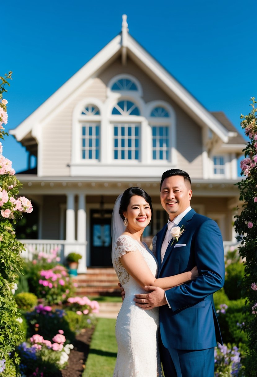 A charming custom house portrait with blooming gardens and a clear blue sky, capturing the essence of a loving couple's 39th wedding anniversary