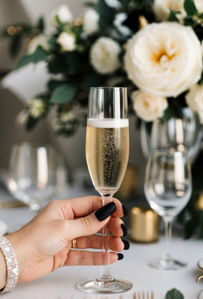 A hand holding a champagne glass with black matte nails, surrounded by elegant wedding decor