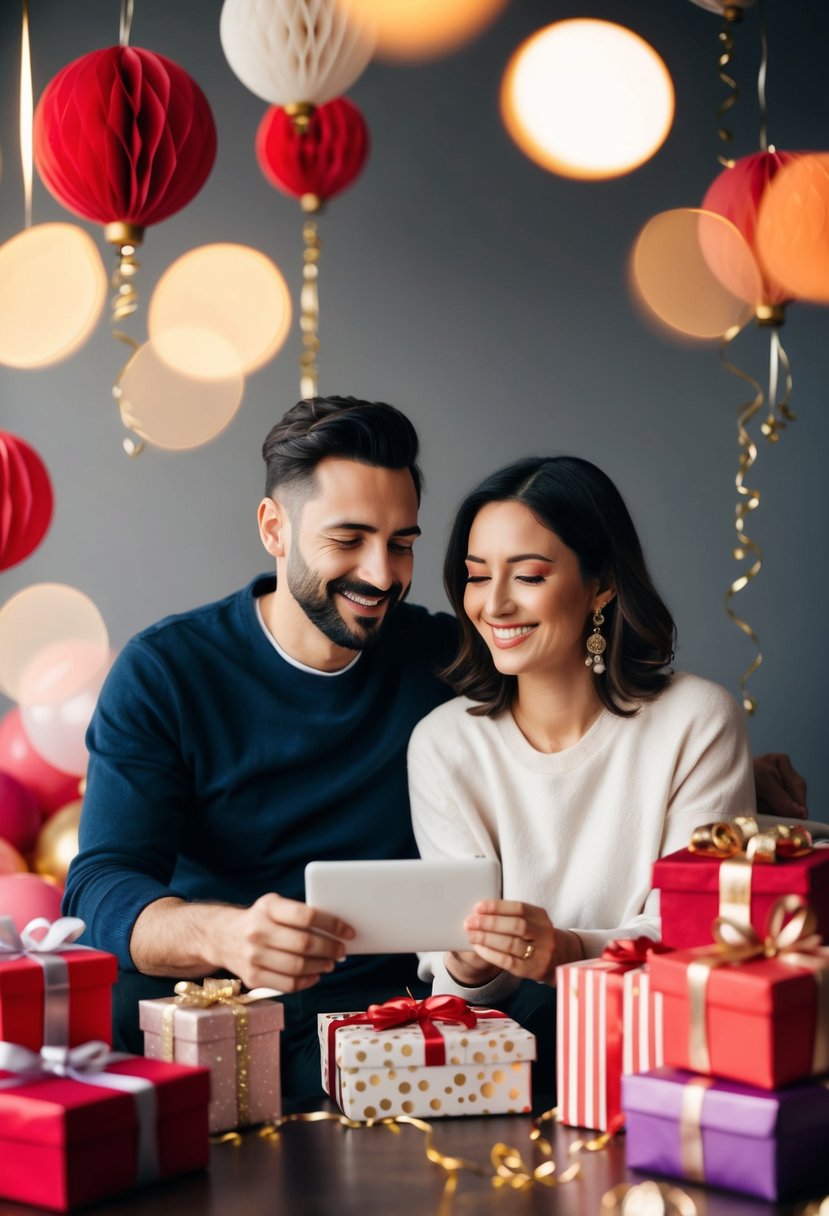 A couple enjoying a MasterClass subscription together, surrounded by anniversary decorations and gifts