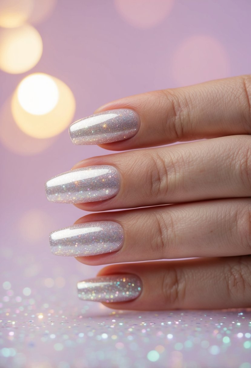 A close-up of shimmering nails against a soft pastel background, catching the light with subtle glitter accents