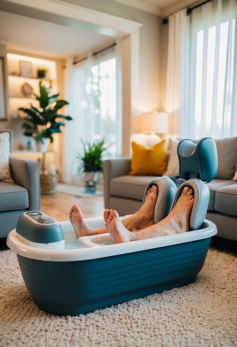 A cozy living room with a couple's foot bath and massager surrounded by soft lighting and relaxing decor