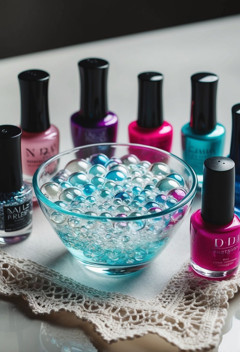 A glass bowl filled with bubbles, surrounded by various nail polish bottles and a delicate lace handkerchief