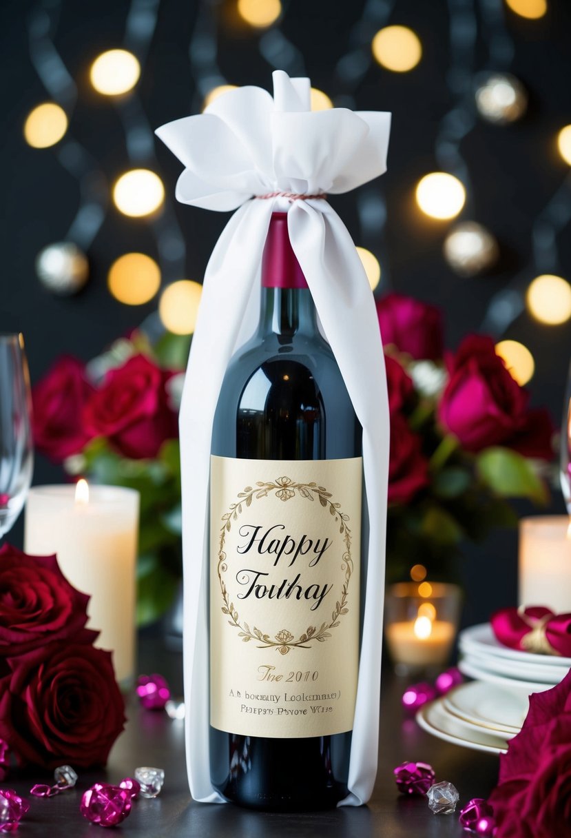 A beautifully wrapped, personalized bottle of wine sits on a table surrounded by romantic anniversary decorations