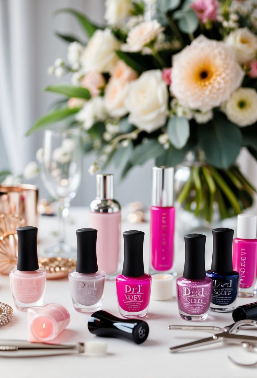 A table with various nail polish bottles and nail art tools, surrounded by elegant floral arrangements and wedding decor