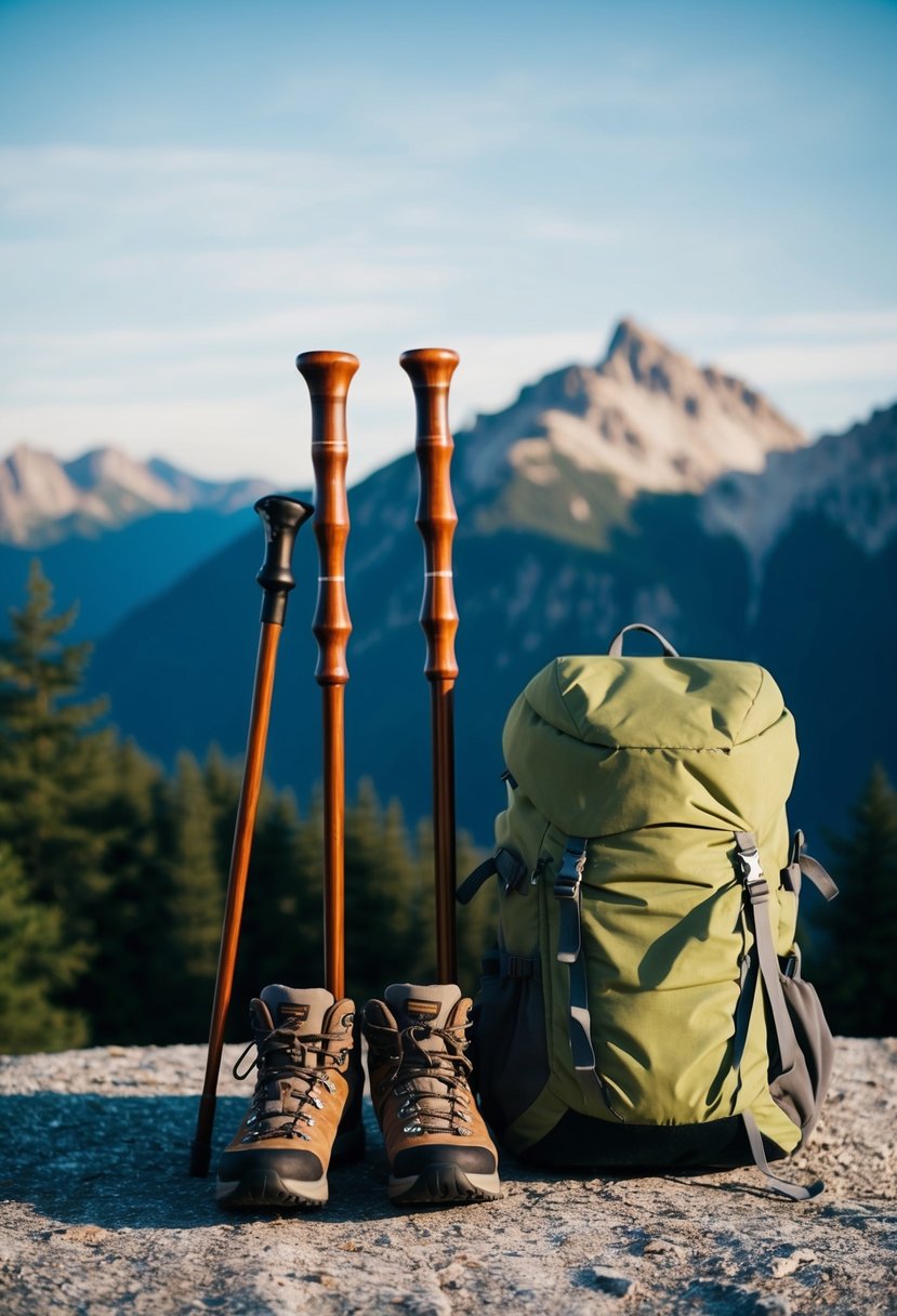 A pair of elegant walking sticks, a comfortable backpack, and a sturdy pair of hiking boots arranged against a scenic mountain backdrop