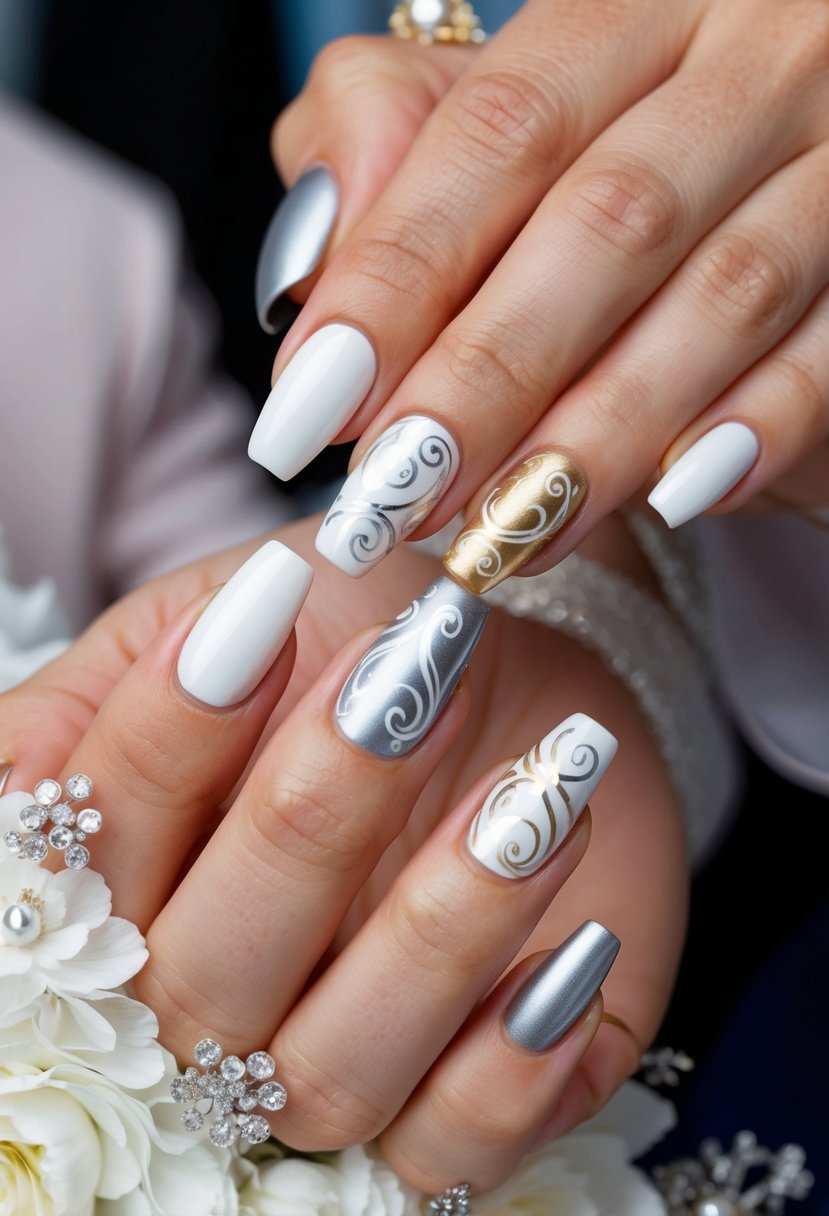 A set of elegant swirl designs in various shades of white, silver, and gold, adorning the nails of wedding guests