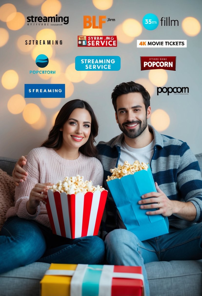 A couple sitting on a cozy couch, surrounded by streaming service logos and a gift box filled with movie tickets and popcorn