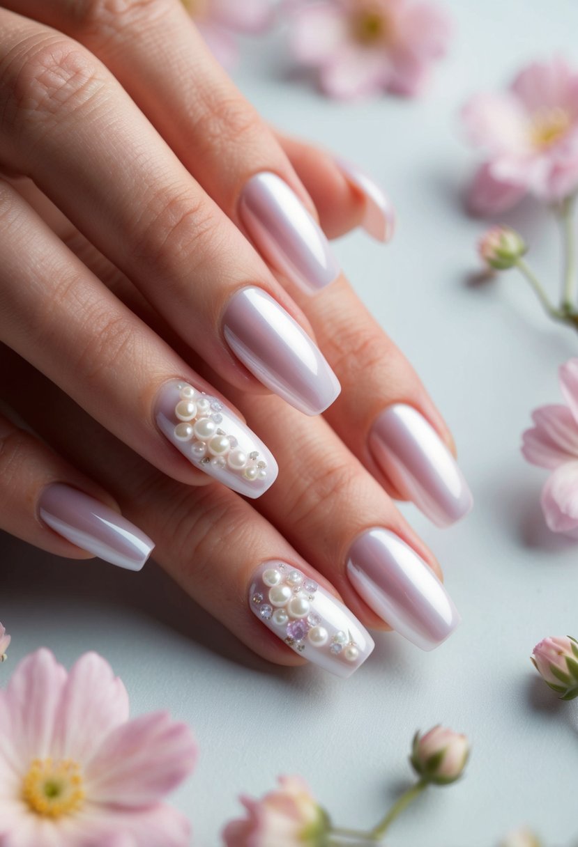 A close-up of pearlescent nails against a soft, pastel background, with delicate floral accents