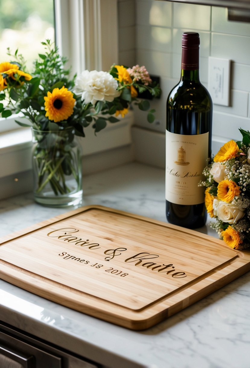 A kitchen scene with a personalized cutting board, engraved with the couple's names and wedding date. A bottle of wine and a bouquet of flowers sit nearby