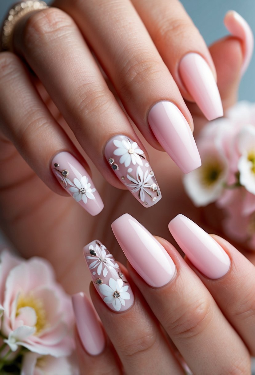 A close-up of baby pink nails adorned with delicate white floral designs, perfect for a wedding guest