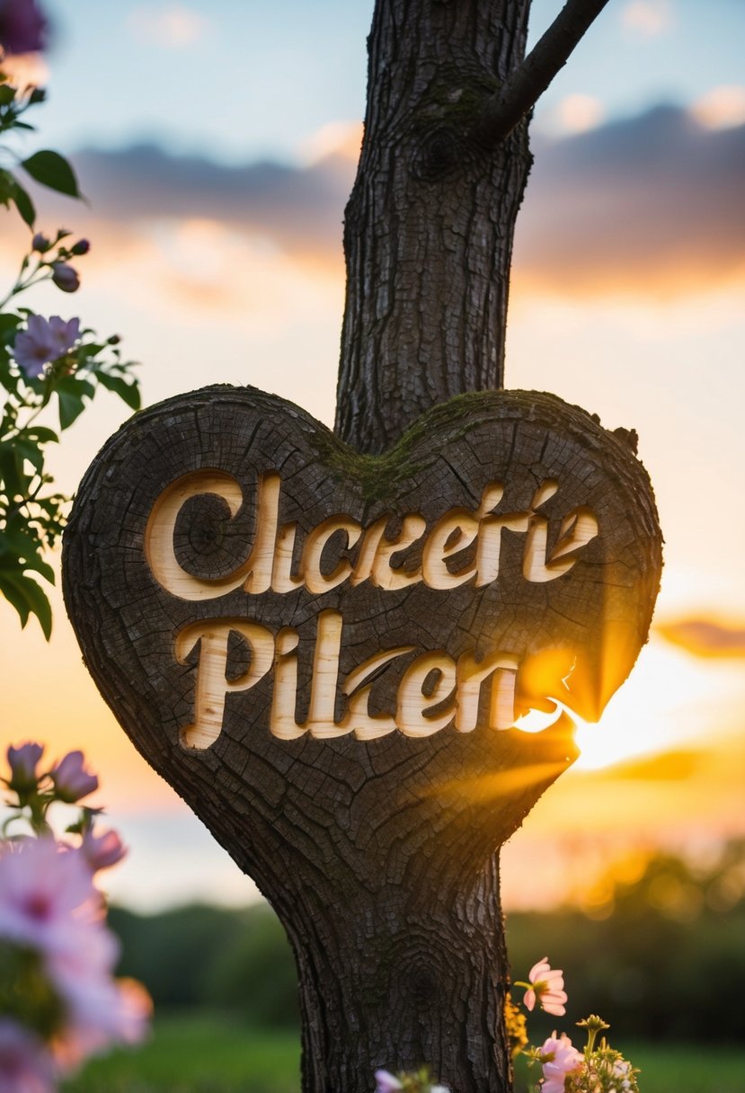 A couple's names carved into a heart on a tree, surrounded by blooming flowers and a serene sunset sky