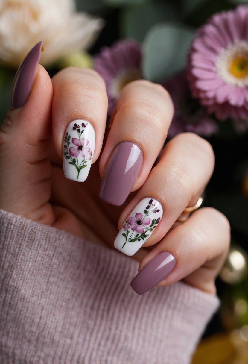 A close-up of rich mauve nails adorned with delicate floral designs, perfect for a wedding guest