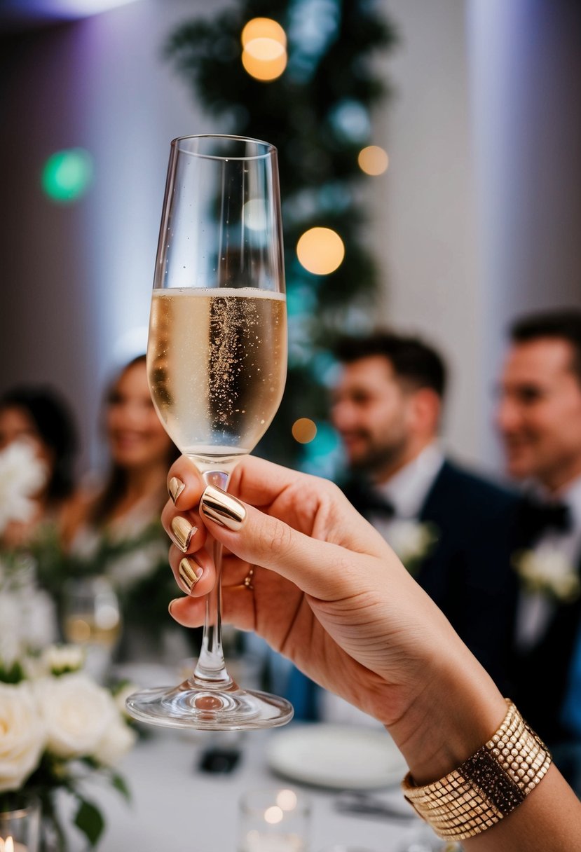 A hand with metallic gold nails holding a champagne glass at a wedding reception