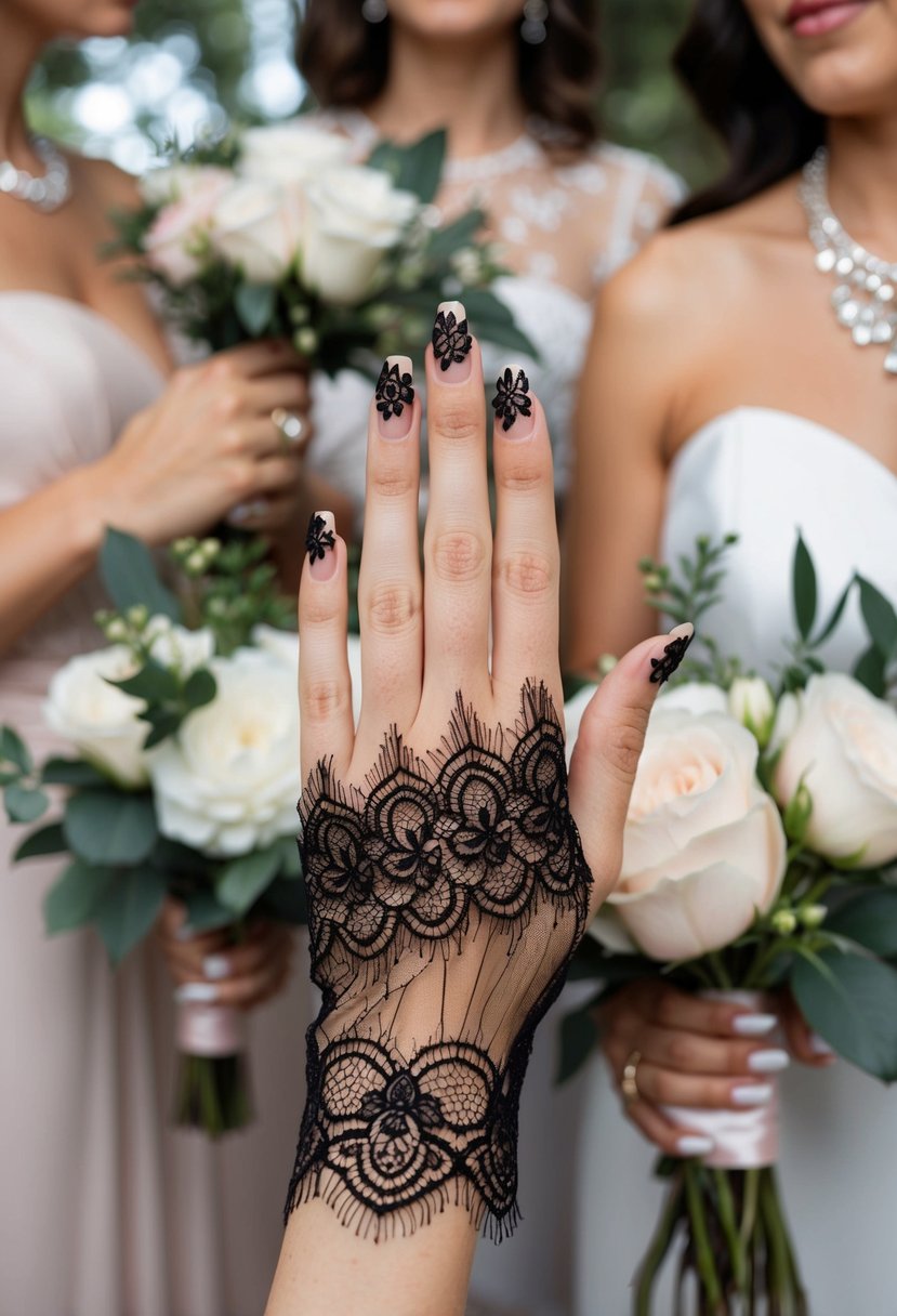 A manicured hand with sheer black lace nail art, surrounded by elegant wedding guest attire and accessories