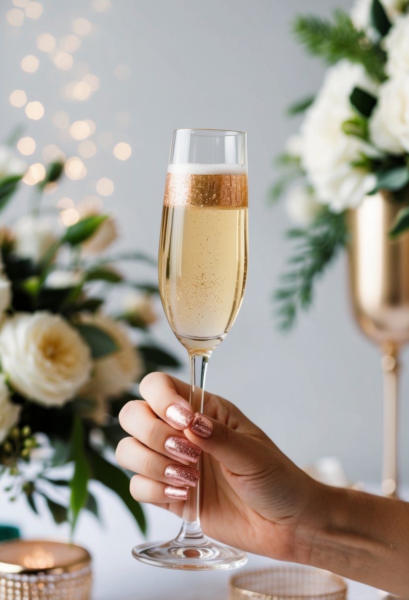 A hand holding a champagne glass with rose gold glitter nails, surrounded by elegant wedding decor