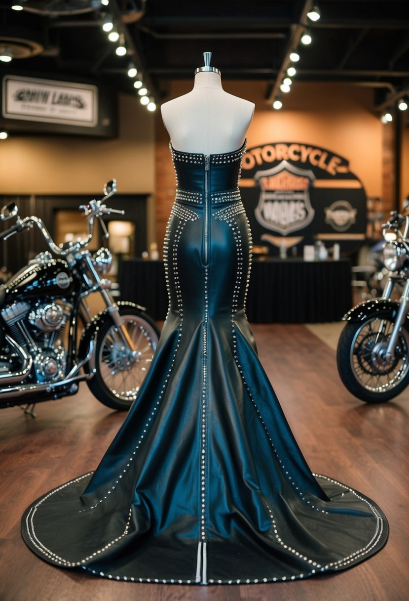 A leather-clad biker wedding dress with silver studs and a flowing train, set against a backdrop of a motorcycle-themed wedding venue