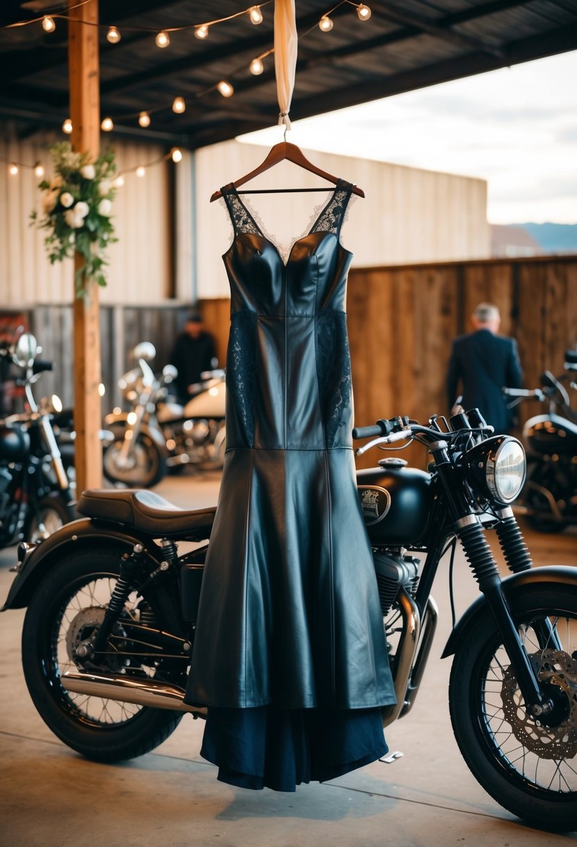 A leather gown with lace details hangs on a vintage motorcycle, surrounded by rugged biker wedding decor