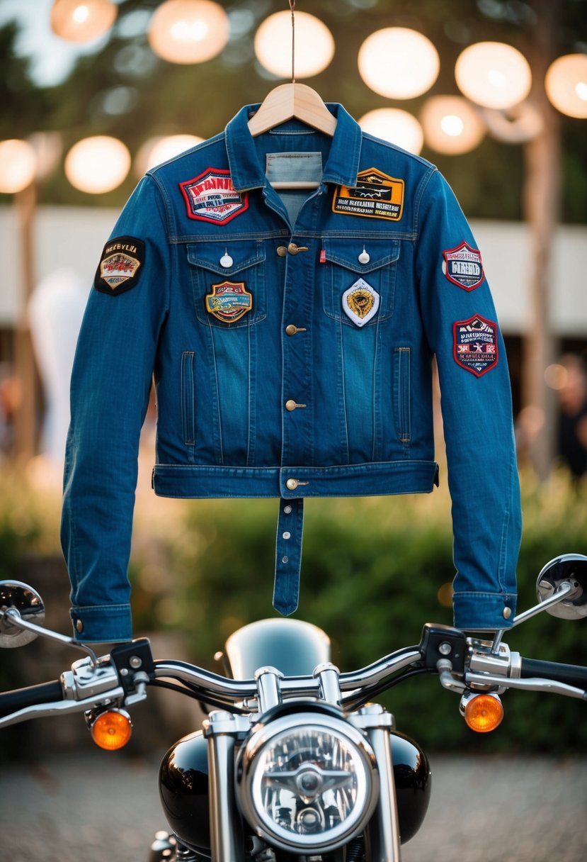 A denim jacket with embroidered patches hangs on a motorcycle handlebar, surrounded by biker-themed wedding decor