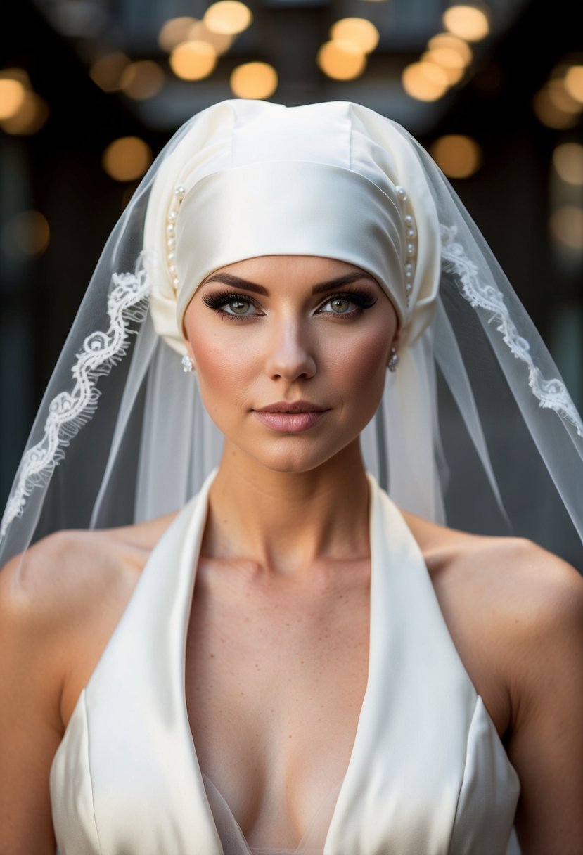 An ivory biker doo-rag with a detachable veil draped over a sleek, edgy wedding dress