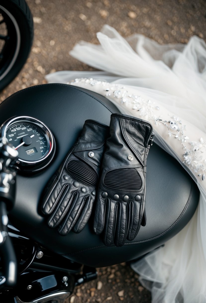 A pair of custom leather riding gloves rests on a sleek, black motorcycle seat, next to a flowing white wedding dress with edgy biker-inspired details