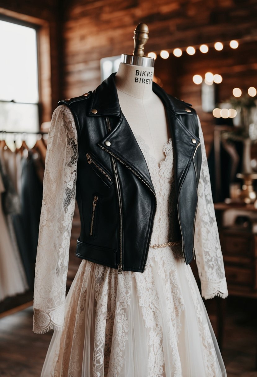 A vintage lace and leather biker wedding dress displayed on a rustic wooden mannequin