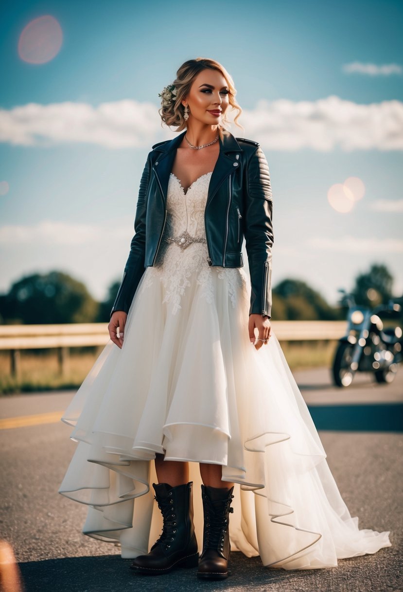 A bride in a biker wedding dress wearing leather motorcycle boots