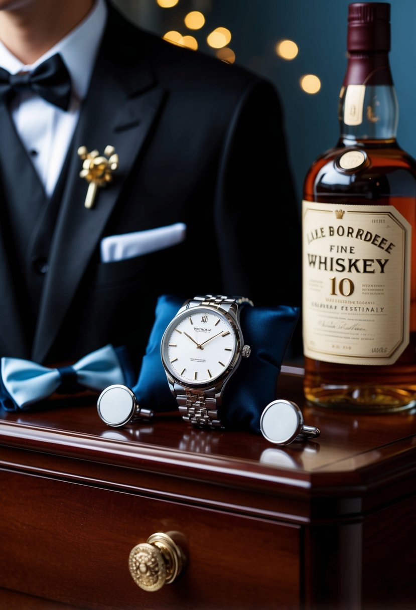 A sleek watch and personalized cufflinks displayed on a wooden dresser, surrounded by a tuxedo, bow tie, and a bottle of fine whiskey