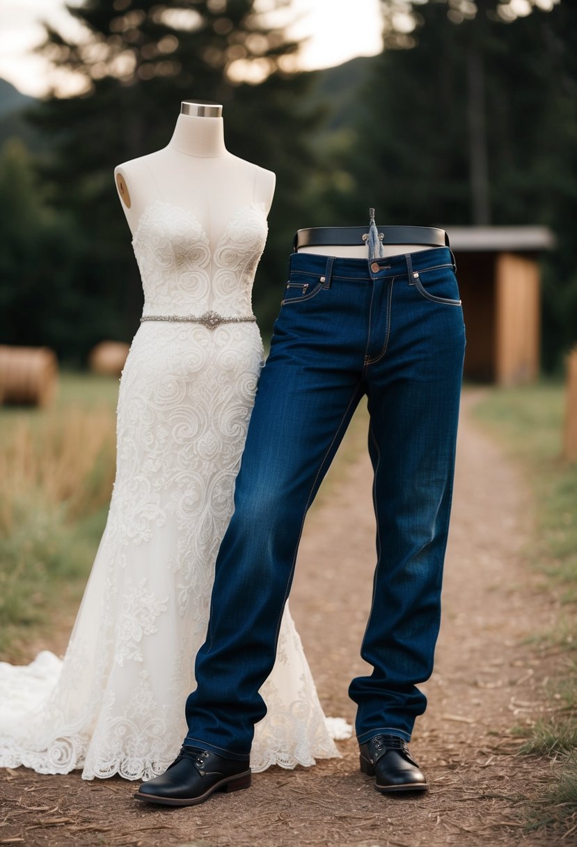 A rustic outdoor wedding setting with a denim-clad biker theme, featuring a pair of denim wedding trousers and a biker wedding dress