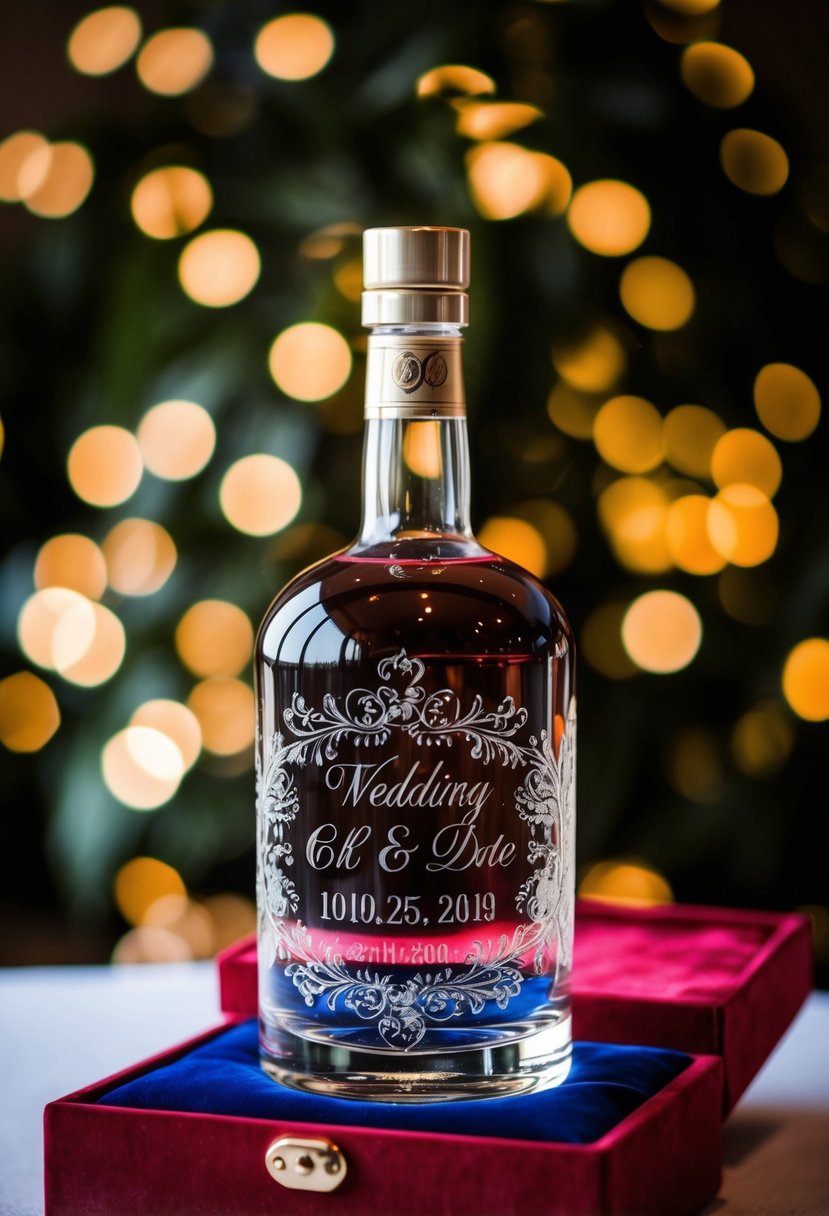 An ornate liquor bottle with engraved wedding date and initials displayed on a velvet-lined box