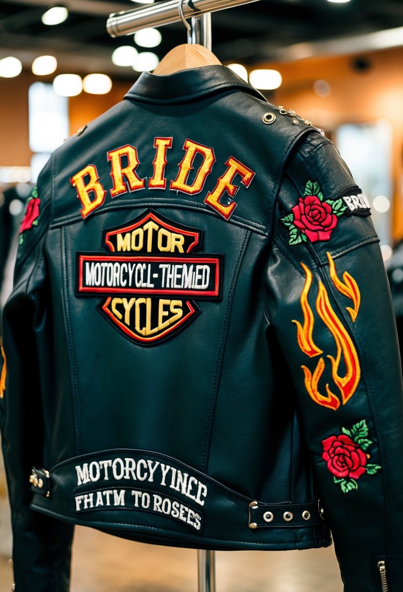 A leather jacket with "Bride" embroidered on the back, adorned with motorcycle-themed details like flames and roses, hanging on a hanger