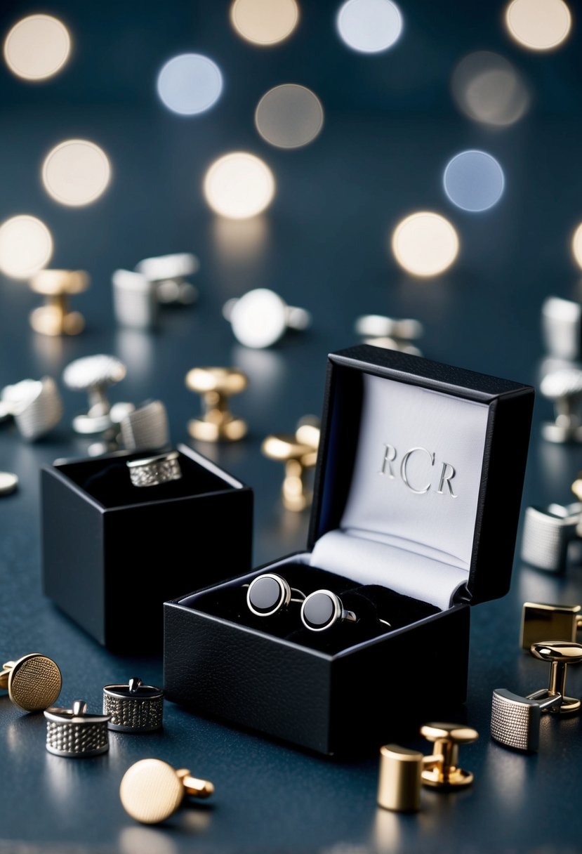 A sleek black cufflink box with the groom's initials embossed on the lid, surrounded by scattered cufflinks in various designs and metals