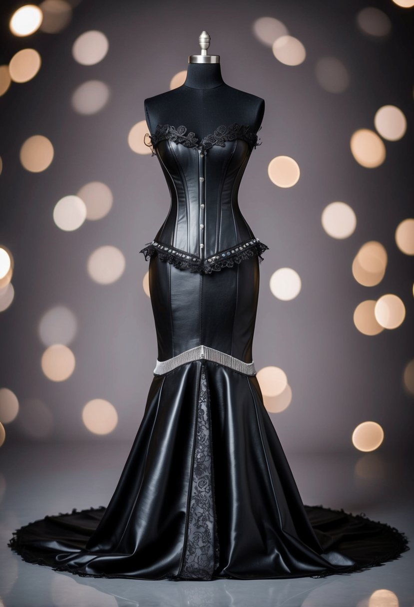 A sleek black leather corset dress with delicate lace trim, adorned with silver biker-inspired details and a flowing train